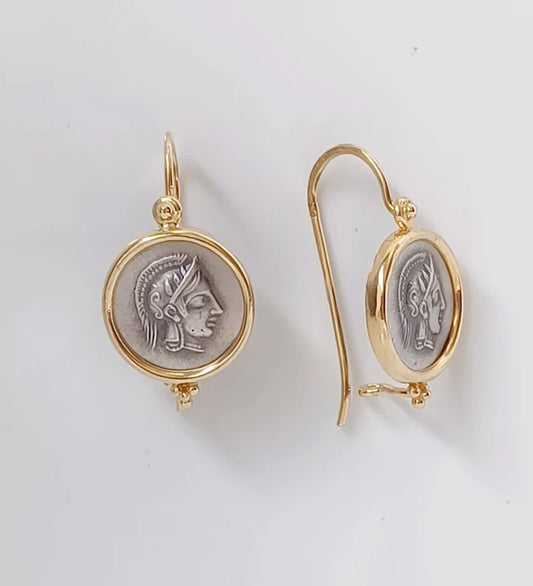 Athena Coin Earrings sterling silver 925 & gold plated k 14 Best Gift Ideas.Handmade