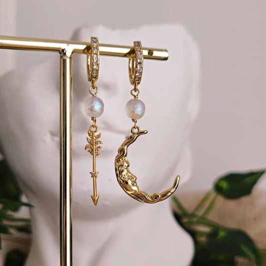 Artemis Goddess Earrings, Mismatched Earrings with Moon and Arrow, Greek Mythology Earrings, Dark Academia Hoops, Bookish Jewelry